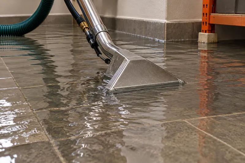 Water Extraction in Lancaster, TX — wand and hose collecting water from tiled flooring